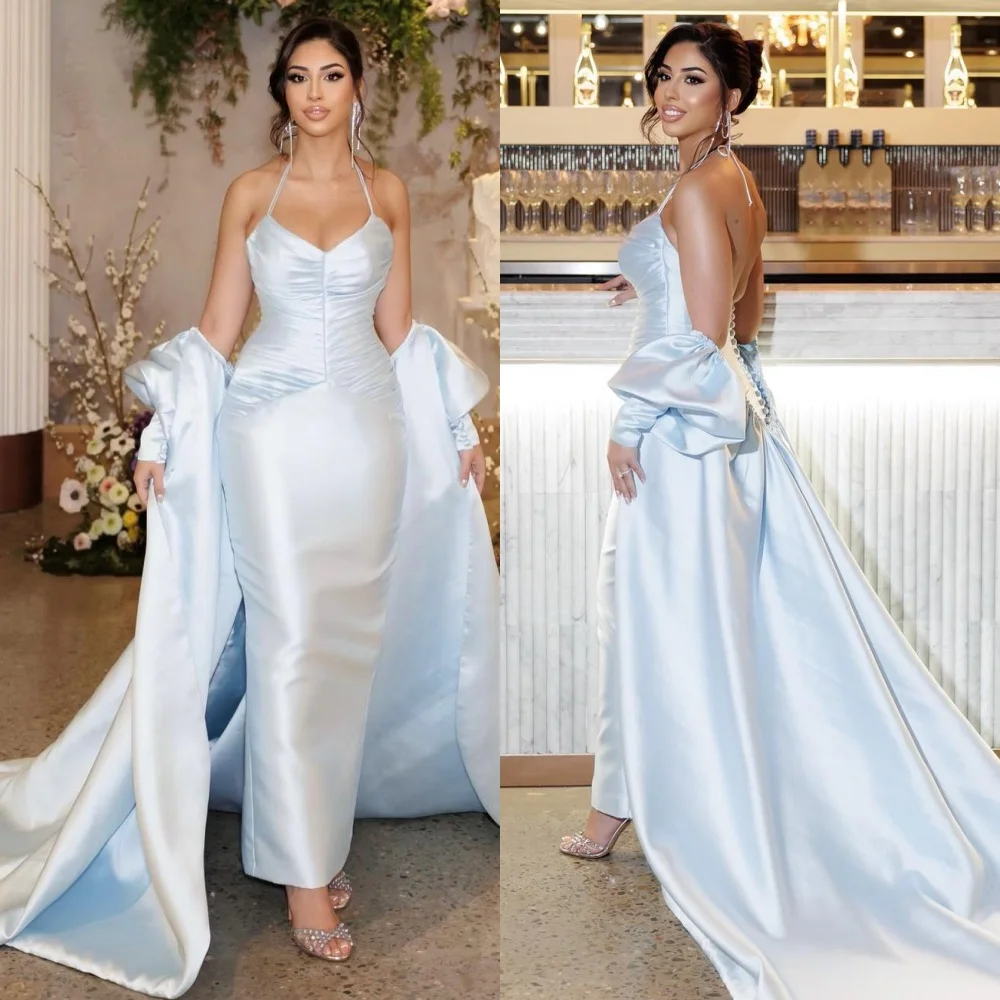 Customized  Satin Draped Button Engagement A-line Halter Bespoke Occasion Gown Long es  Dresses