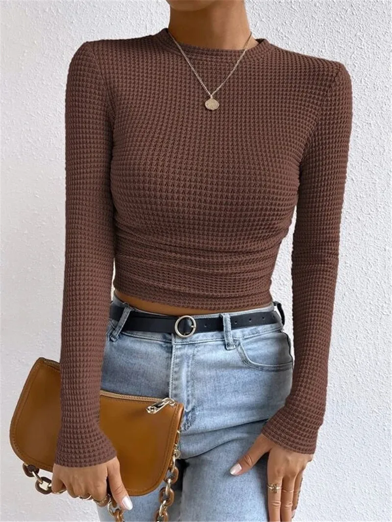 

CPSYMYM Women's Pleated T-shirt Knitted Spring Summer Exposed Navel Solid Color Casual Versatile Slim Fit Long Sleeved Pullover