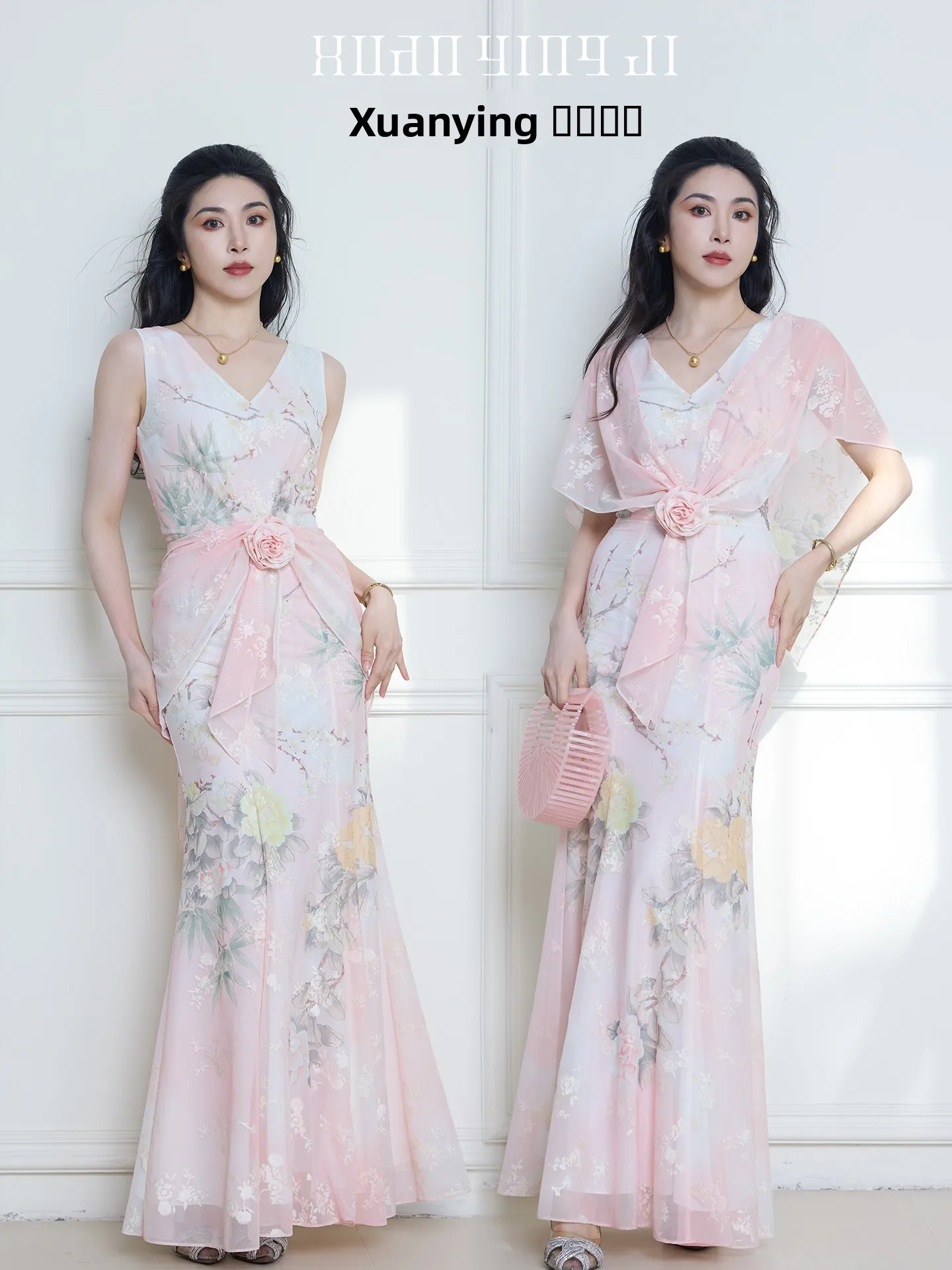 

Ele Peony Print Slim Fit Fi Tail Dr awl Summer Polyester Fabric V Ne Ba Zipper Casual Ele Sle for Women