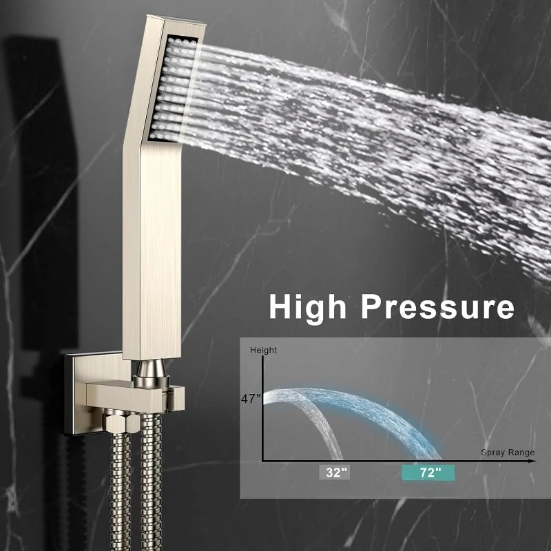 모든 금속 욕조 수도꼭지 세트, 욕조 스파우트, 스퀘어 레인 샤워헤드, 핸드헬드 콤보 샤워 시스템, 12 인치
