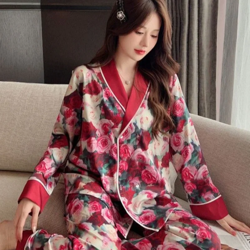 Large Size Rose New Pajamas Women Ice Silk Long Sleeve Spring Autumn Temperament Can Be Worn Outside The Home Suit Set Lounge