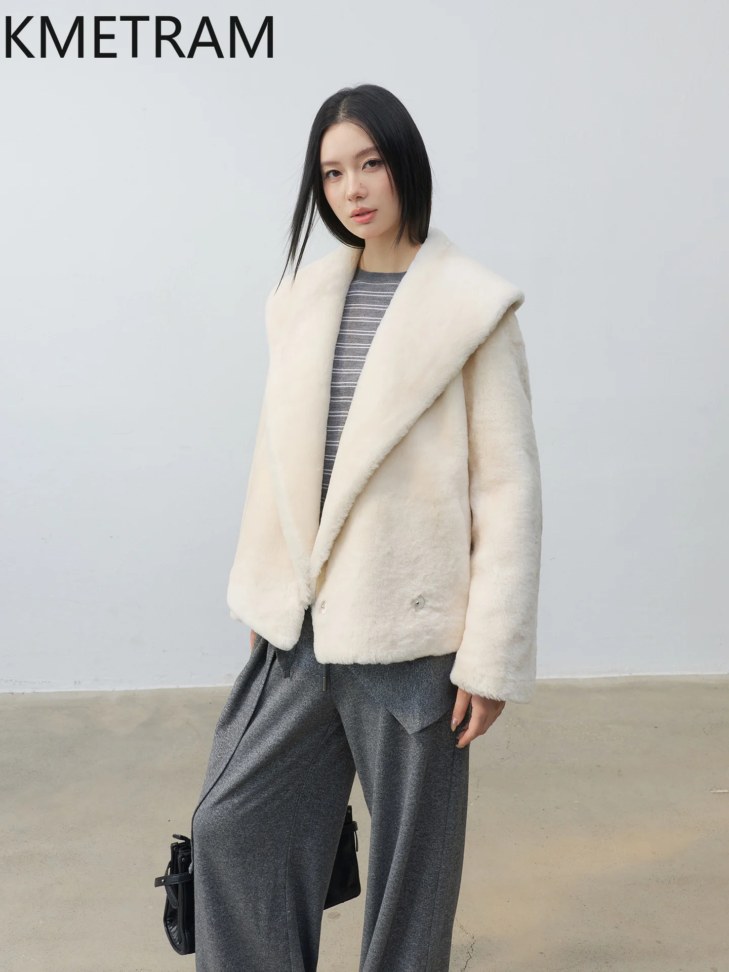 سترة KMETRAM من جلد الغنم ميرينو الطبيعي مع طية صدر السترة المرفقة من الصوف سترة قصيرة من الفرو الحقيقي ملابس نسائية شتوية جديدة في معاطف شبابية نسائية #2
