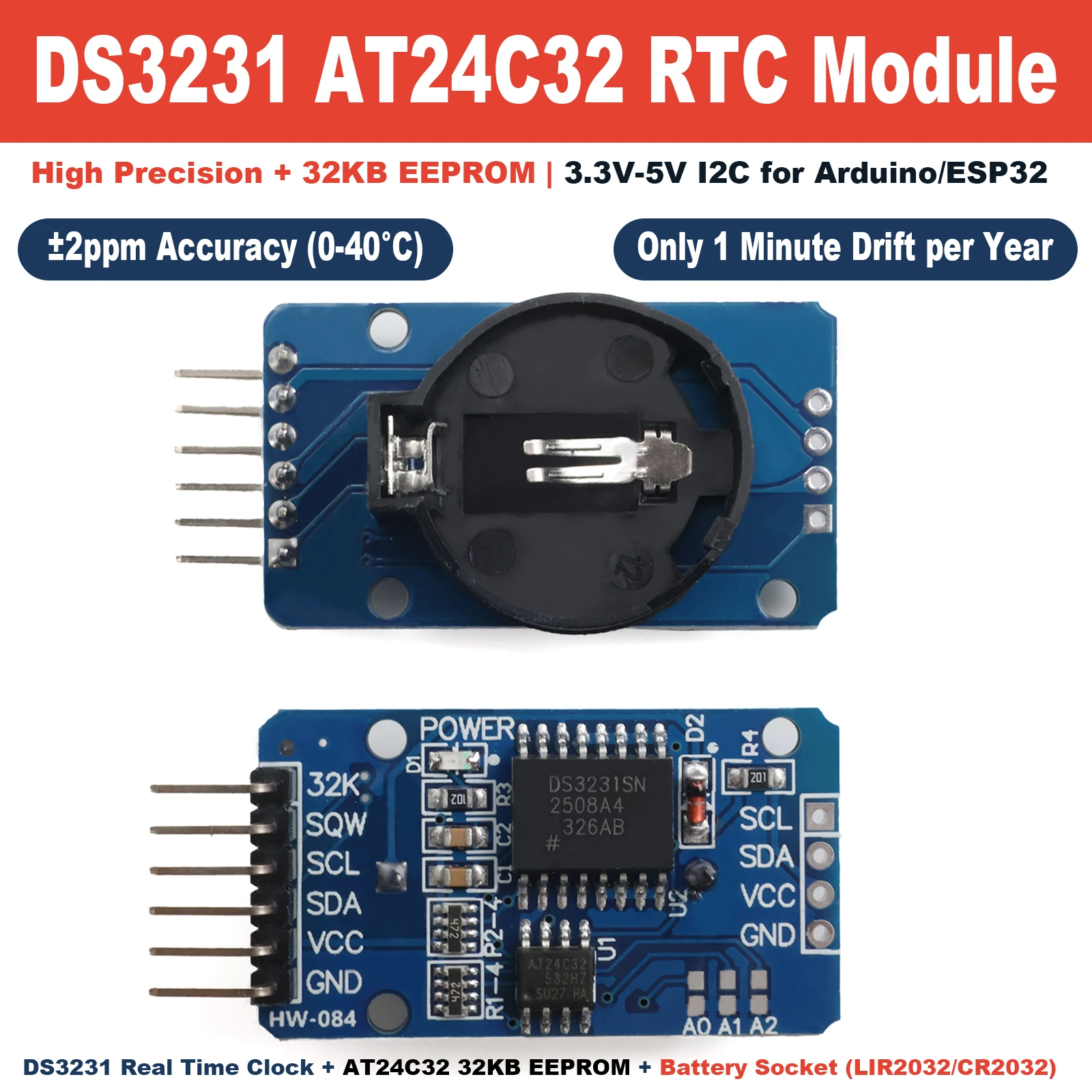 Módulo RTC DS3231 de Alta Precisão com EEPROM AT24C32 I2C, Relógio em Tempo Real sem Bateria 3.3V-5V para Arduino, Registrador de Dados e Relógio DIY