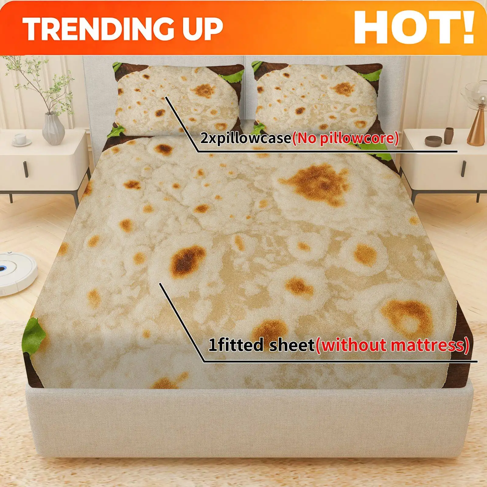 Customize 3pcs Bread Lettuce Wrap Fitted Sheet Three Piece Set (1*Fitted Sheet+2*Pillowcases, Coreless), Unique theme, Bedroom a