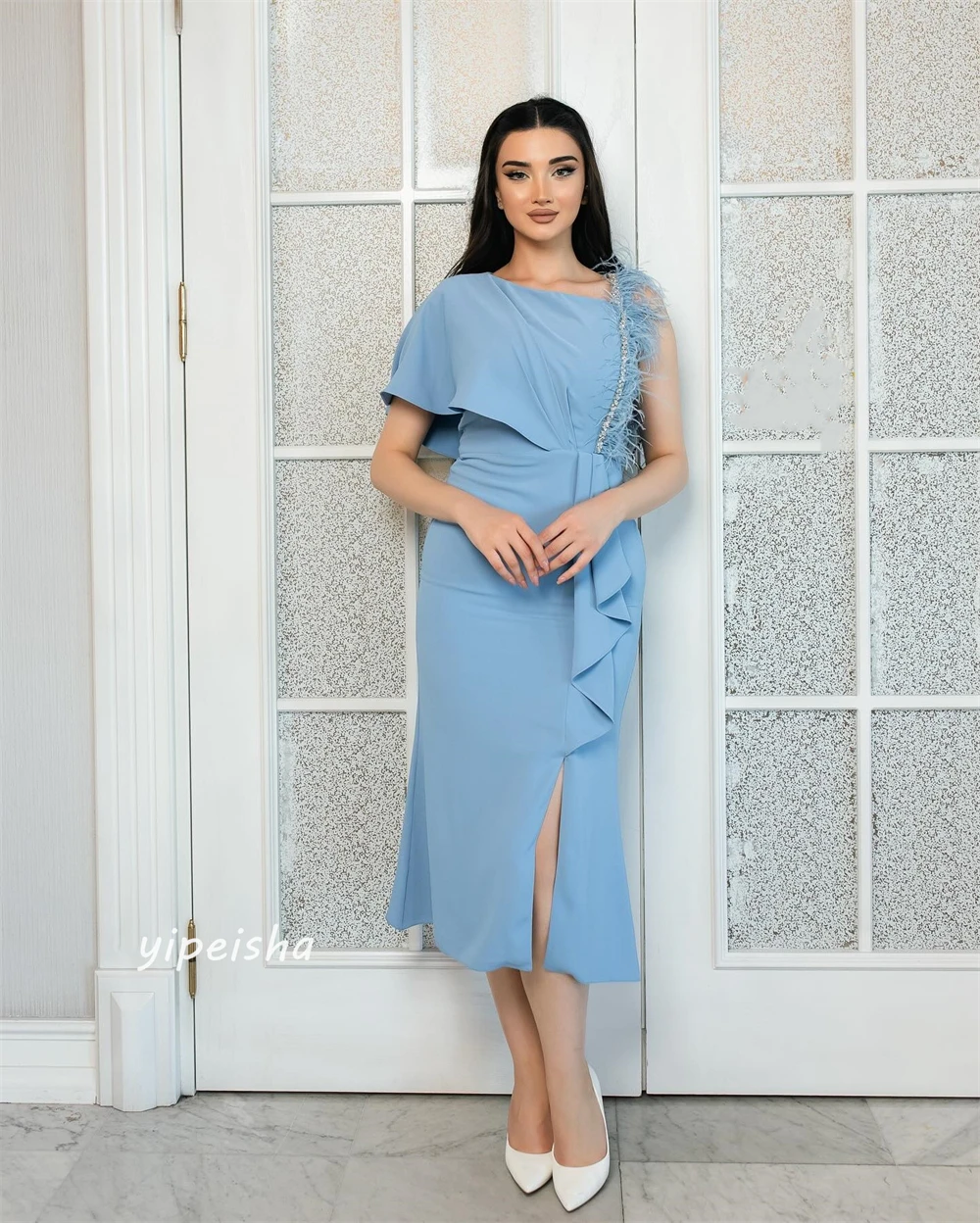 Customized Jersey Feathers Pleat Ruched Engagement A-line V-Neck Bespoke Occasion Gown Midi Dresses