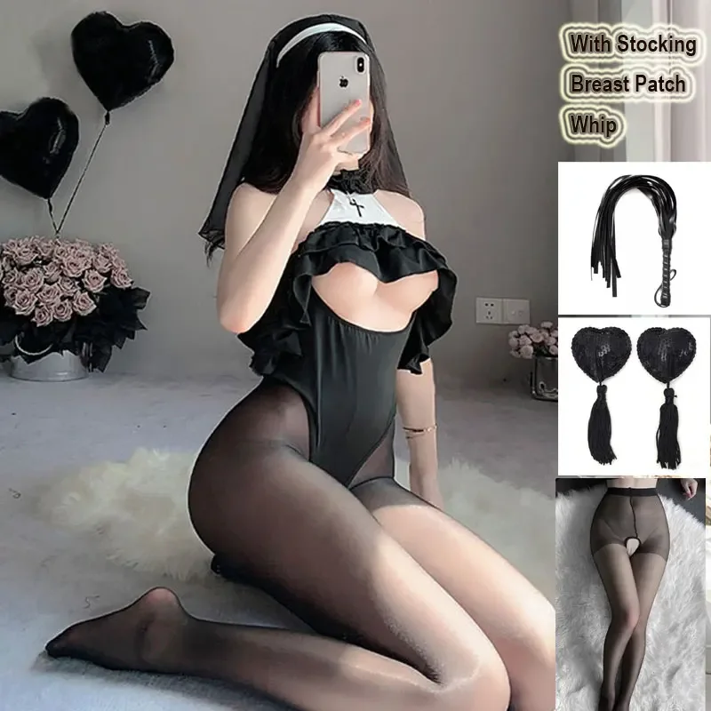 JIMIKO Halloween Party Sexy Nun Uniform Tights anime Cosplay Costume crucifix Plush Tail Bunny Outfit Girls Underwear Lingerie