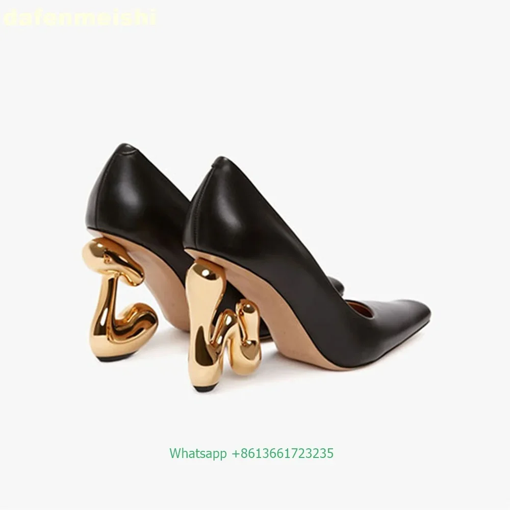 Square Toe Metal Strange Style Heel Women Pumps Black/white Leather Slip On Shallow High Heels 2025 New Fashion Novelty Shoes