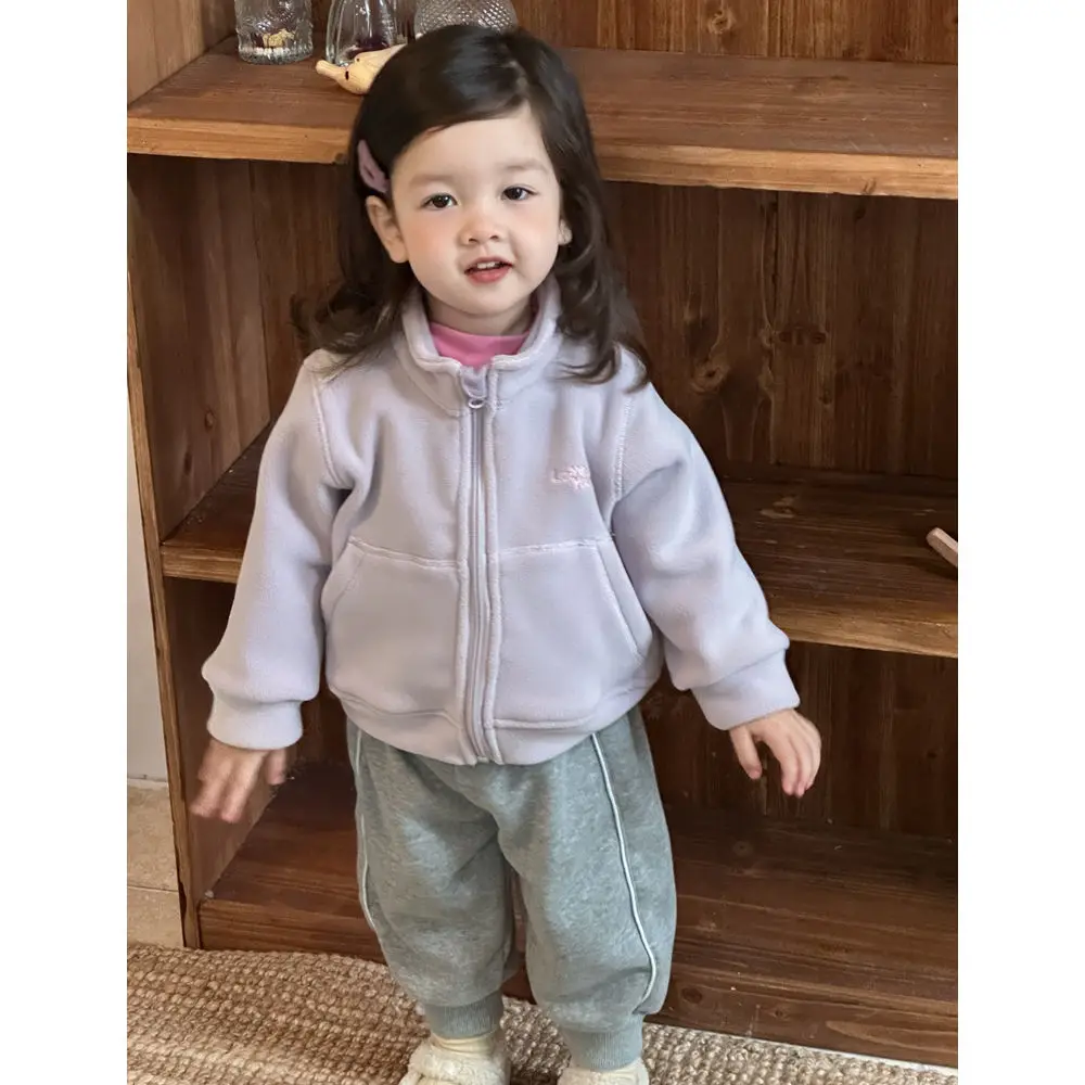 

​​2025 Fall Winter Baby Girl Set Fleece Lined Sweatshirts Pants Coat Korean Style Color Block Outfit