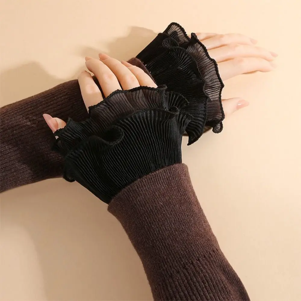Manset Palsu Berlapis-lapis Model Ruffle, Dapat Dilepas, Warna Putih Hitam, Manset Sweater