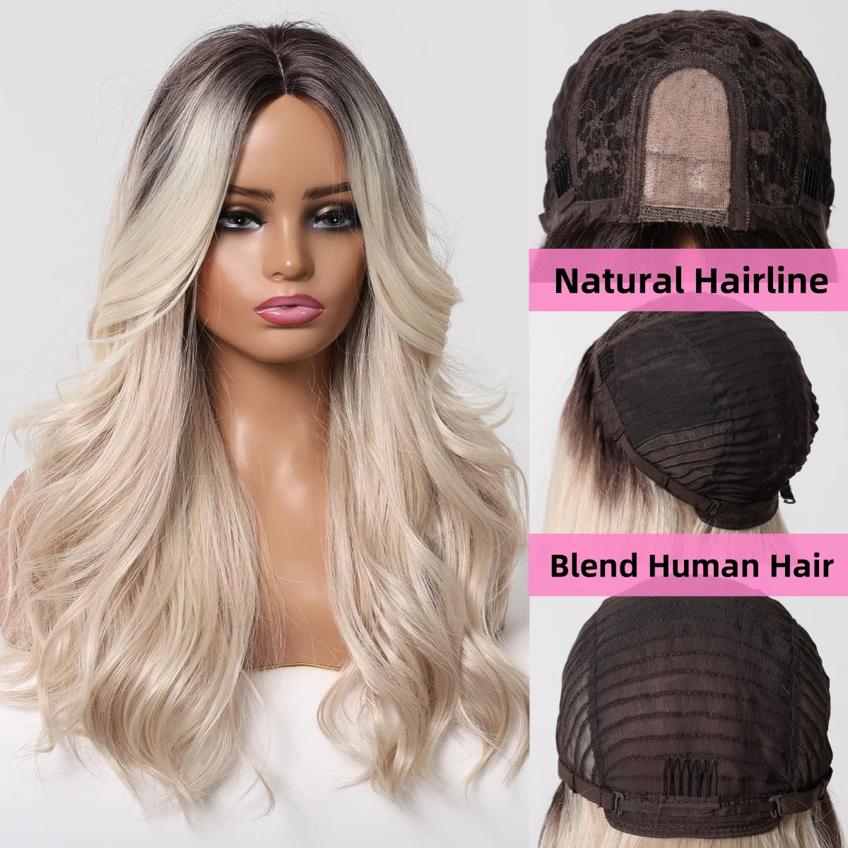 Platinum Wavy Hairline Lace Wig Long Body Wave Blend Human Hair Wig Middle Part Daily Party Cosplay Human Hair for Women Use Wig