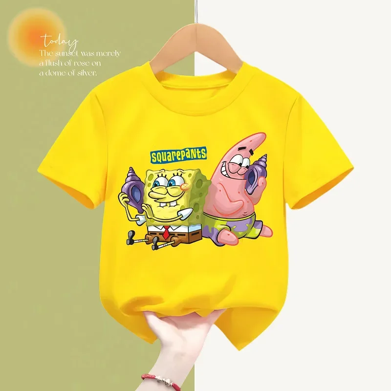 Spongebob moda letnia bawełniana koszulka dziecięca odzież Cartoon bluza z krótkim rękawem chłopcy dziewczynki top Kawaii