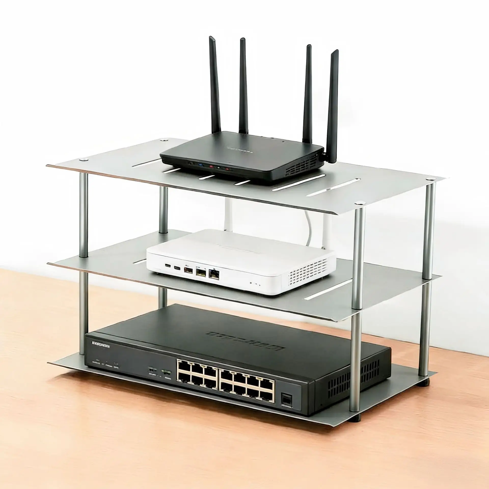 3-Tier Metal Router Storage Rack Shelf Stand Desktop Organizer for Modem Switch Network Equipment Office Home Living Room Space
