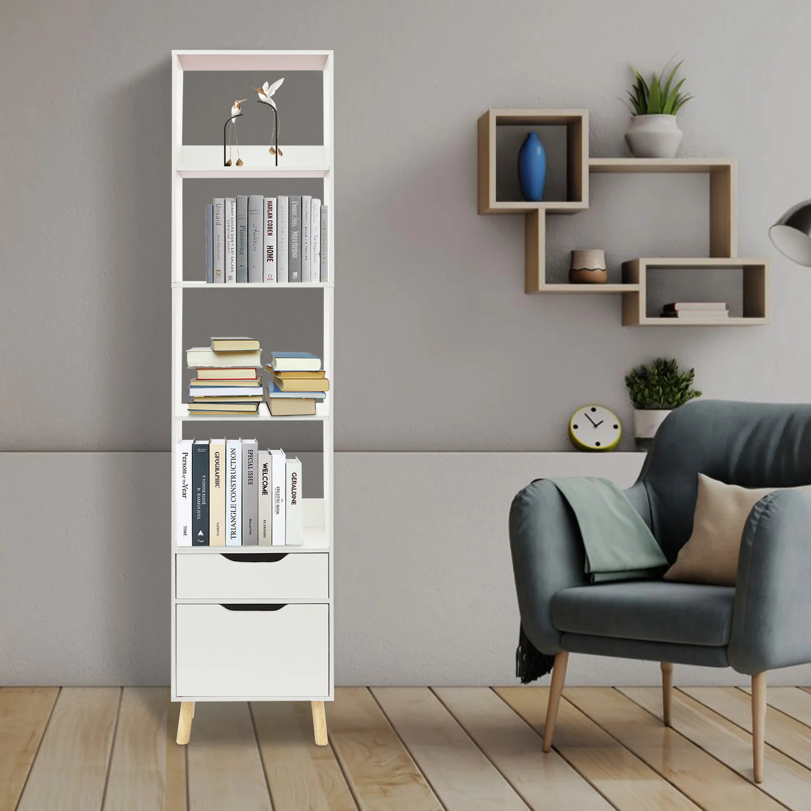 Estantería de Madera Contrachapada con Cajones, Organizador de Almacenamiento para Libros, Estante de Almacenamiento para Sala de Estar