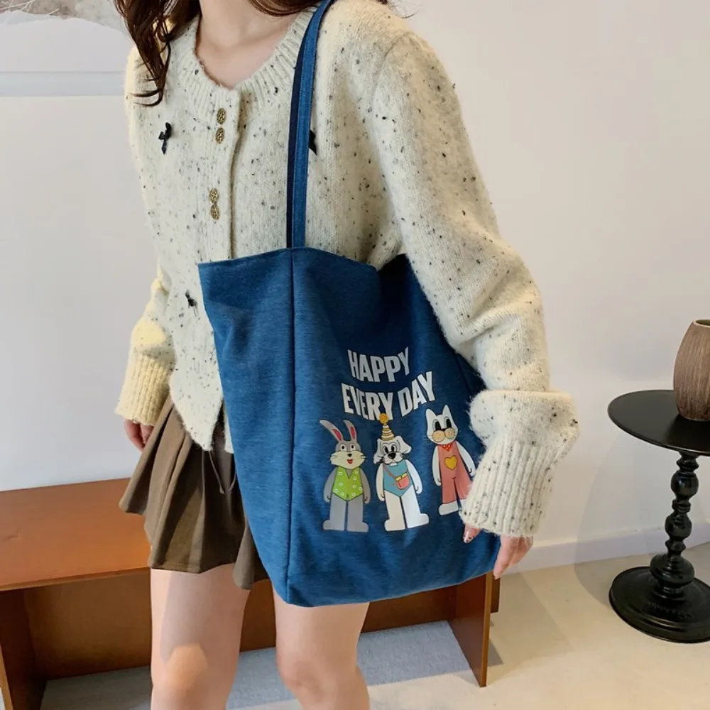 

Cartoon Animal Double-sided Tote Bag Large Capacity Shoulder Pouch Denim Blue Handbag Lightweight Polyester Women Canvas Bag
