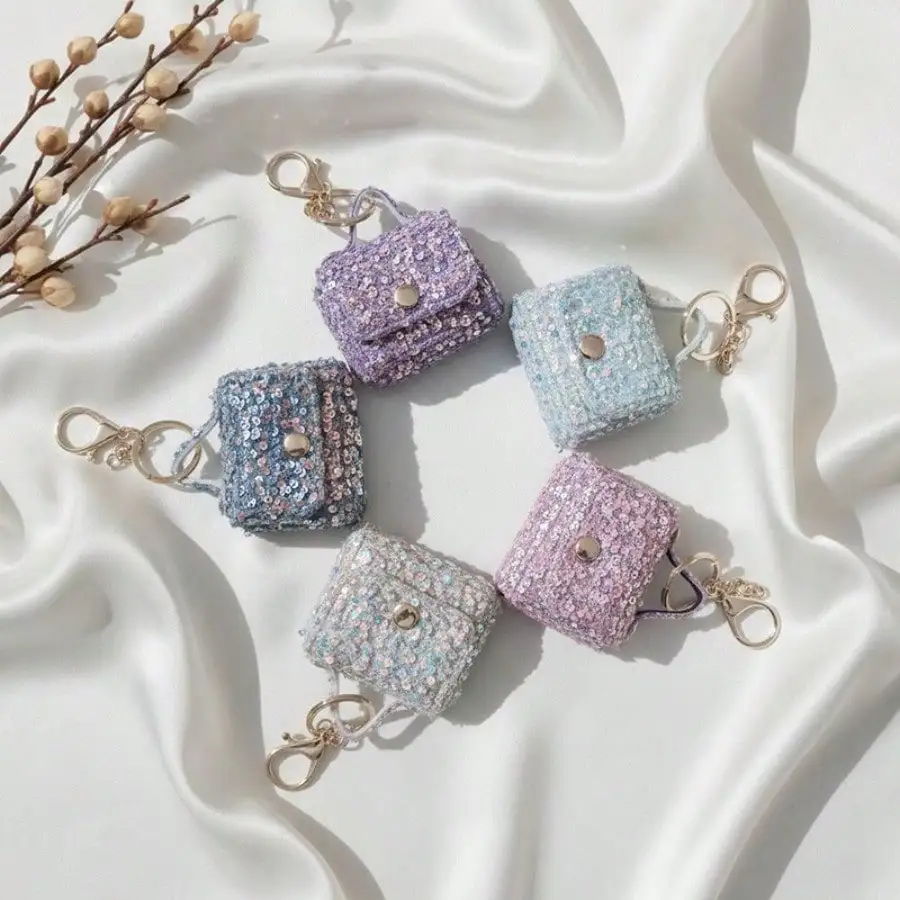 

Sequin Mini Coin Purse Keychain, Tweed Style Earbud Storage Bag, Shiny DIY Bag Charm for Women