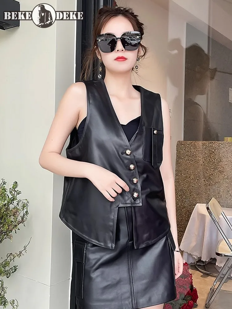 New Fashion Women V Neck Irregular Slim Fit Vest Top Sleeveless Jacket Natural Sheepskin Genuine Leather Vest Casual Waistcoat