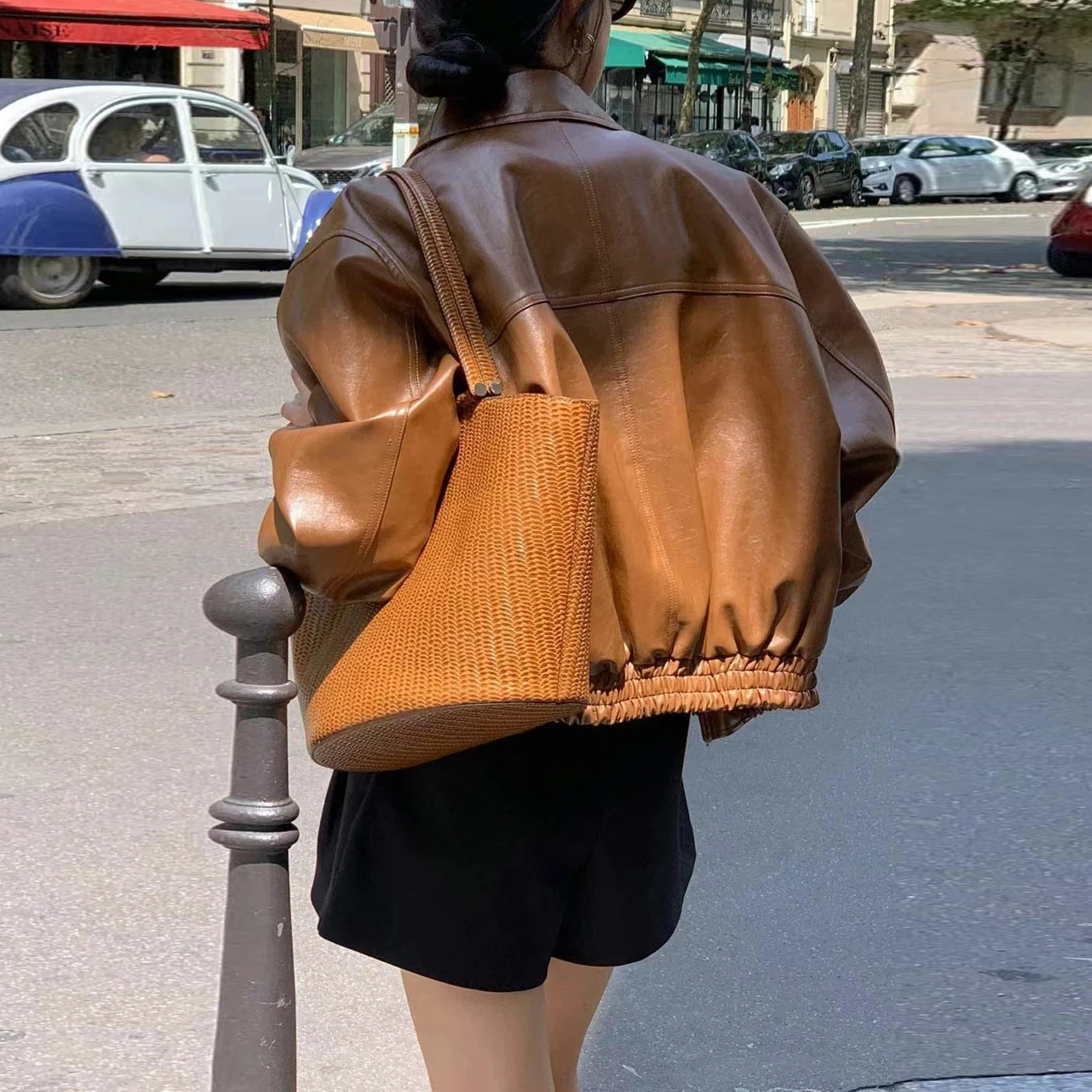 Retro Faion Hong Kong Sle Long Sve PU Leather Jaet Women's Motorcycle Jaet Top PU Leather Outerwear Coat