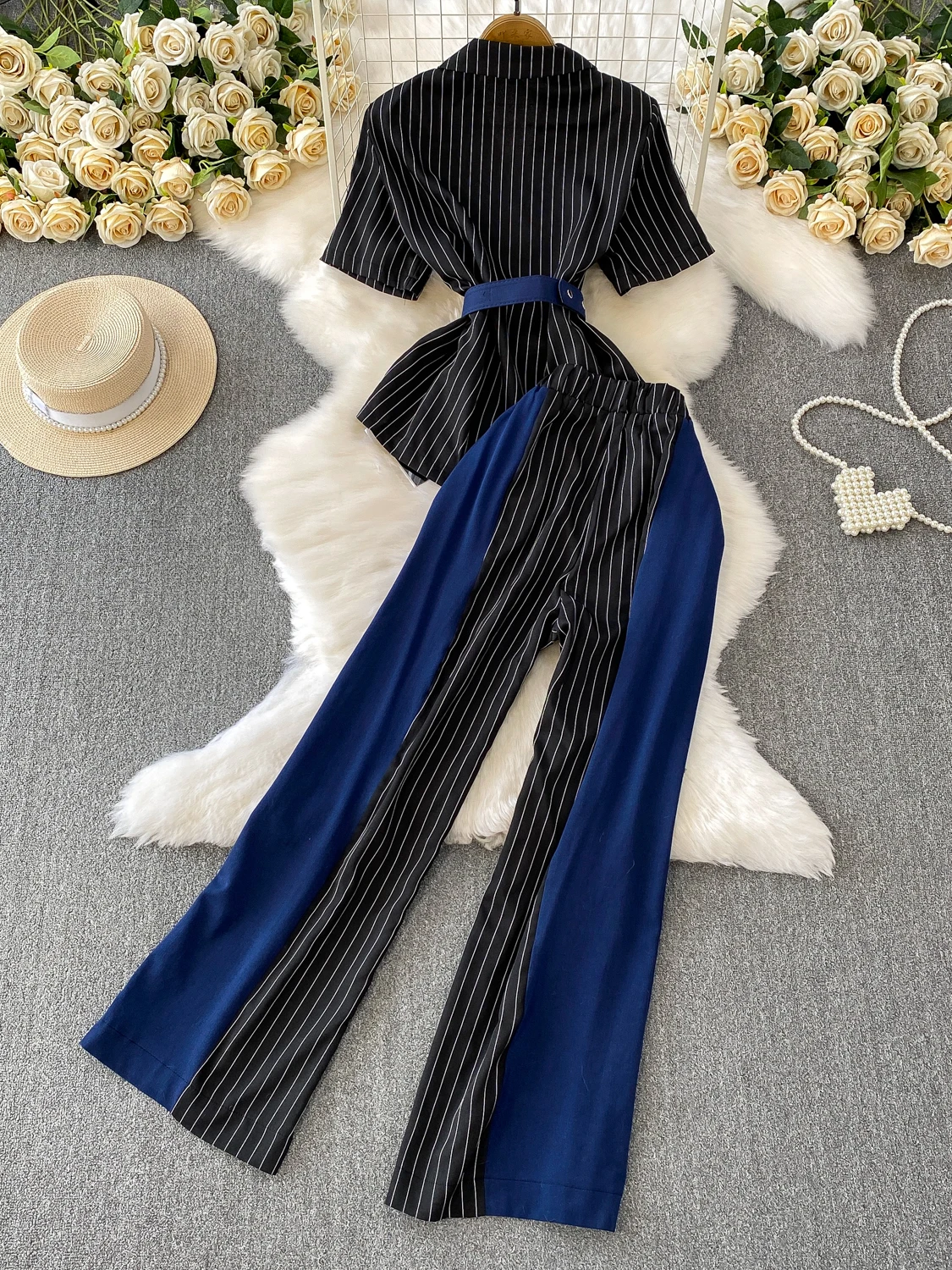 Faionable Denim Patchwork Stripe Suit Jaet irt Belt Waist High Waist Wide Leg Pants Set Women's Summer 2025 V Ne Button