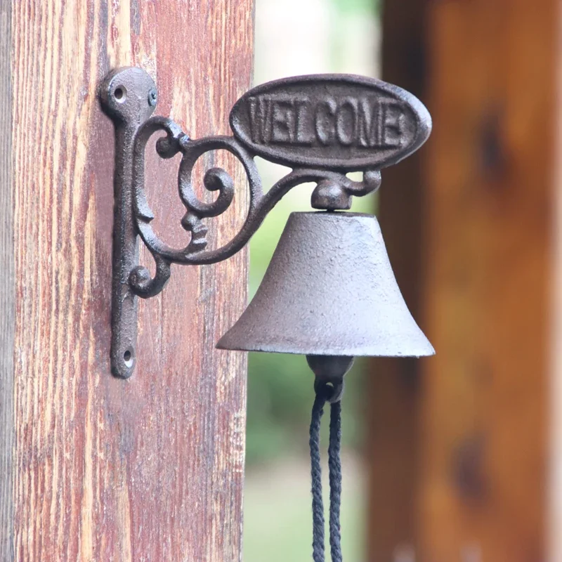 Brown Cast Iron Wall Hand Cranking Bell With Oval Welcome Sign Plaque Double-sided For Home Garden Outdoor Front Gate Decoration