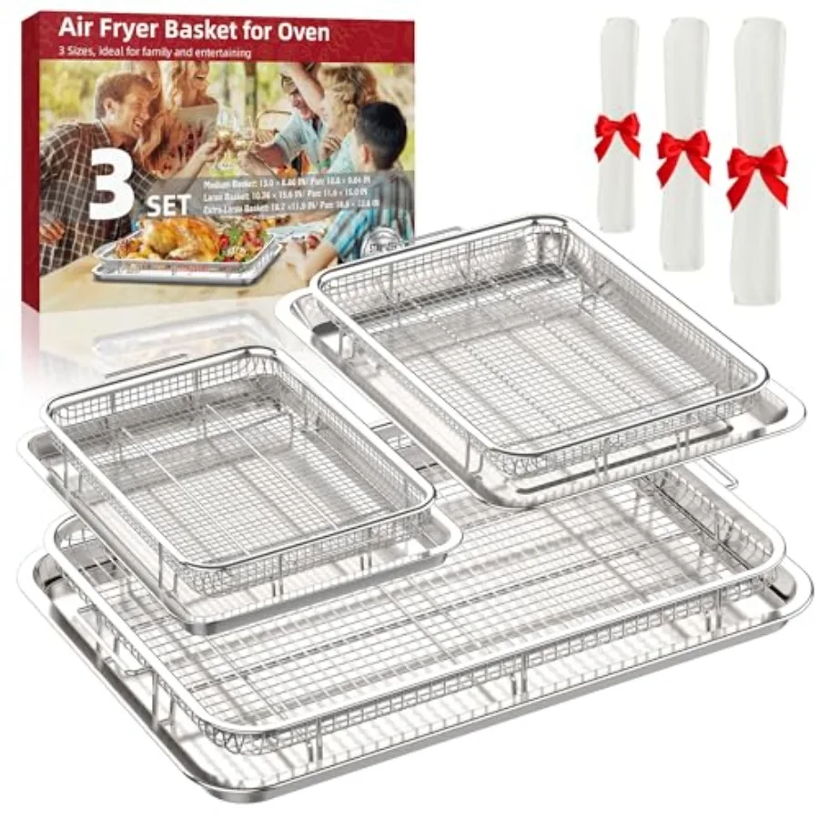 

Air Fryer Basket for Oven: Stainless Steel, Silver, 3-Set with Parchment Papers, Fits Multiple Oven Sizes, Non-Stick Dishwasher