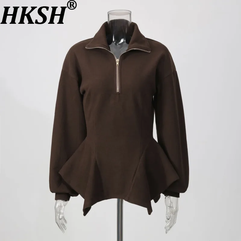 HKSH Women Sweatshirt Dark Style Elegant Trendy Waist Cinching Asymmetrical Hem Design Long Sleeve Half-zip Slim Ins Top HK28005