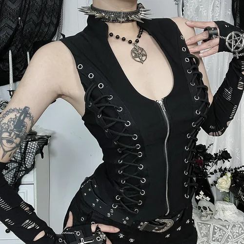 Imagen 2 del producto Camiseta gótica Punk oscuro sin mangas con vendaje de maíz para mujer, ropa de calle elegante, chaleco ajustado con cremallera, ropa técnica gótica para centro comercial, camiseta de moda de verano
