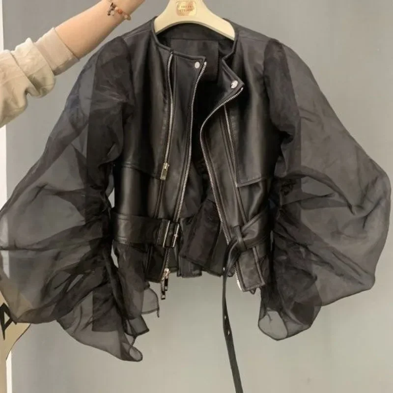 Short Coat Women Organza Bubble Sleeved Ruffled Fashion Leather Jacket Streetwear Retro Y2k Black Faux Autumn