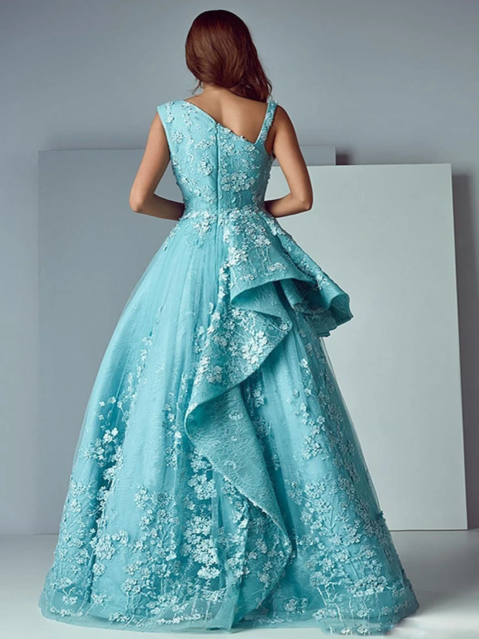 Niebieskie nieregularne rękawy formalne suknie wieczorowe aplikacje Tulle haftowane sukienki bez rękawów Porm Ruffles plisowane Vestidos