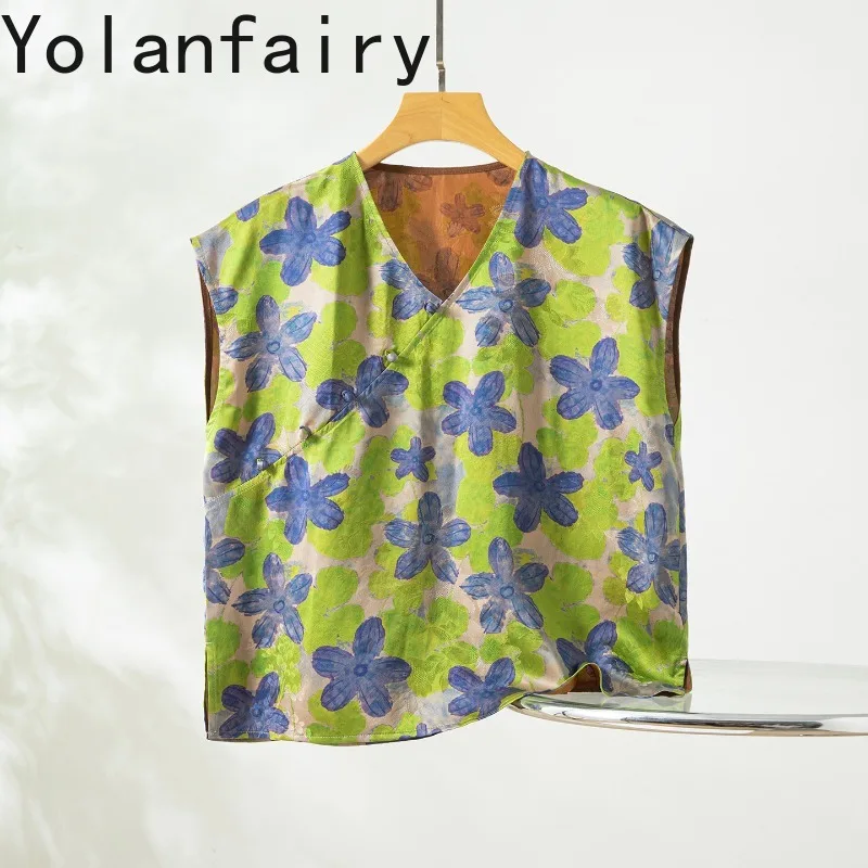 YOLANFAIRY High Quality 100% Real Mulberry Silk Tank Top Woman Luxury Watered Gauze Jacquard Shirt V-neck Women's Tanks Tops