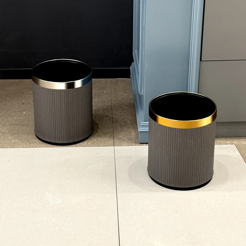 

Double-Layer Metal Trash Can，Leather Coating，Luxury Home Decor，Large Capacity，stripe trash can,dustbin,garbage can,bin