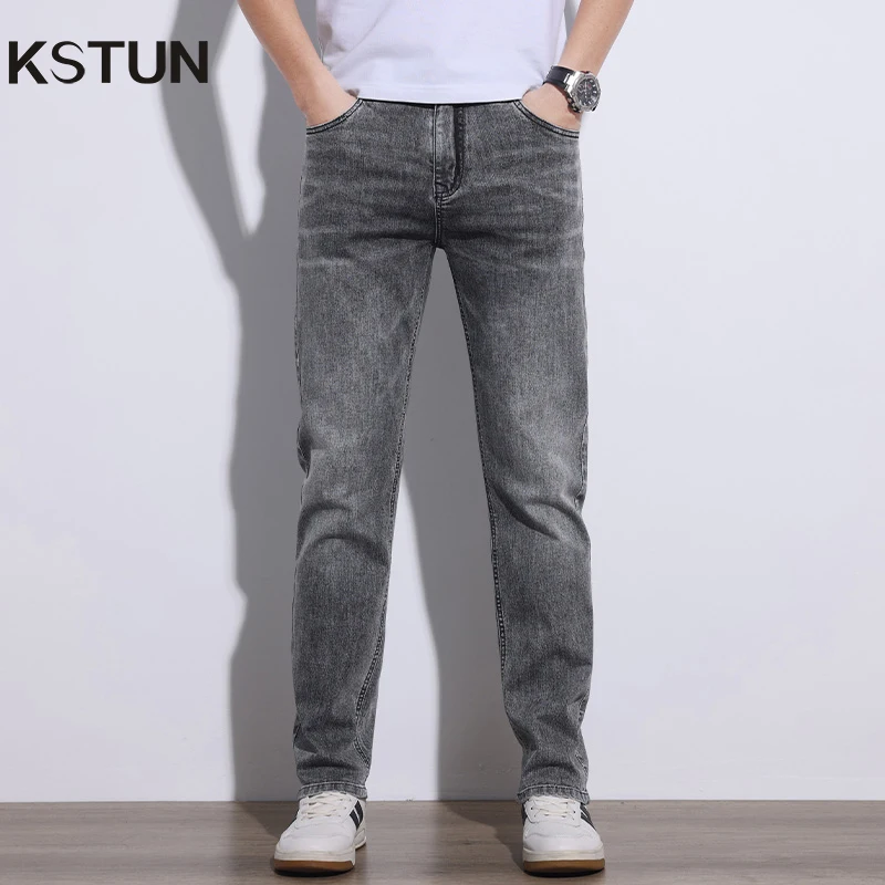 

KSTUN Gray Jeans Men Stretch Slim Straight Denim Pants Casual Men's Clothing Full Length Trousers Fashion High Quality Jeans Man