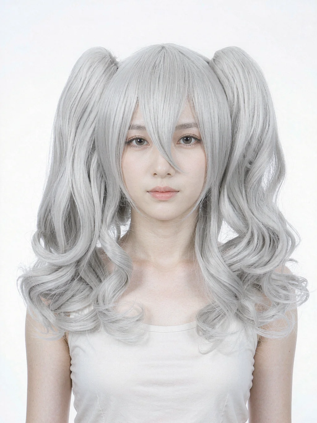 Silver Grey Wavy Wig with Removable Ponytails and Wig Cap for Cosplay