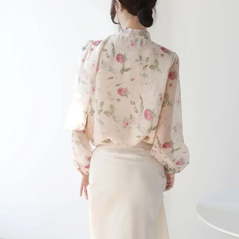 Women's Spring Fashion Simplicity Printing Long Sleeve Chiffon Shirts Women Clothes Elegant Temperament Casual All-match Tops
