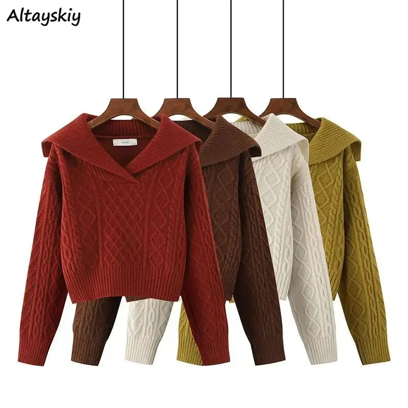 

4 Colors Pullovers Women Cozy Lapel Pure Basic Leisure Loose Winter Sweet Vintage Harajuku Crop Preppy Style Literary All-match