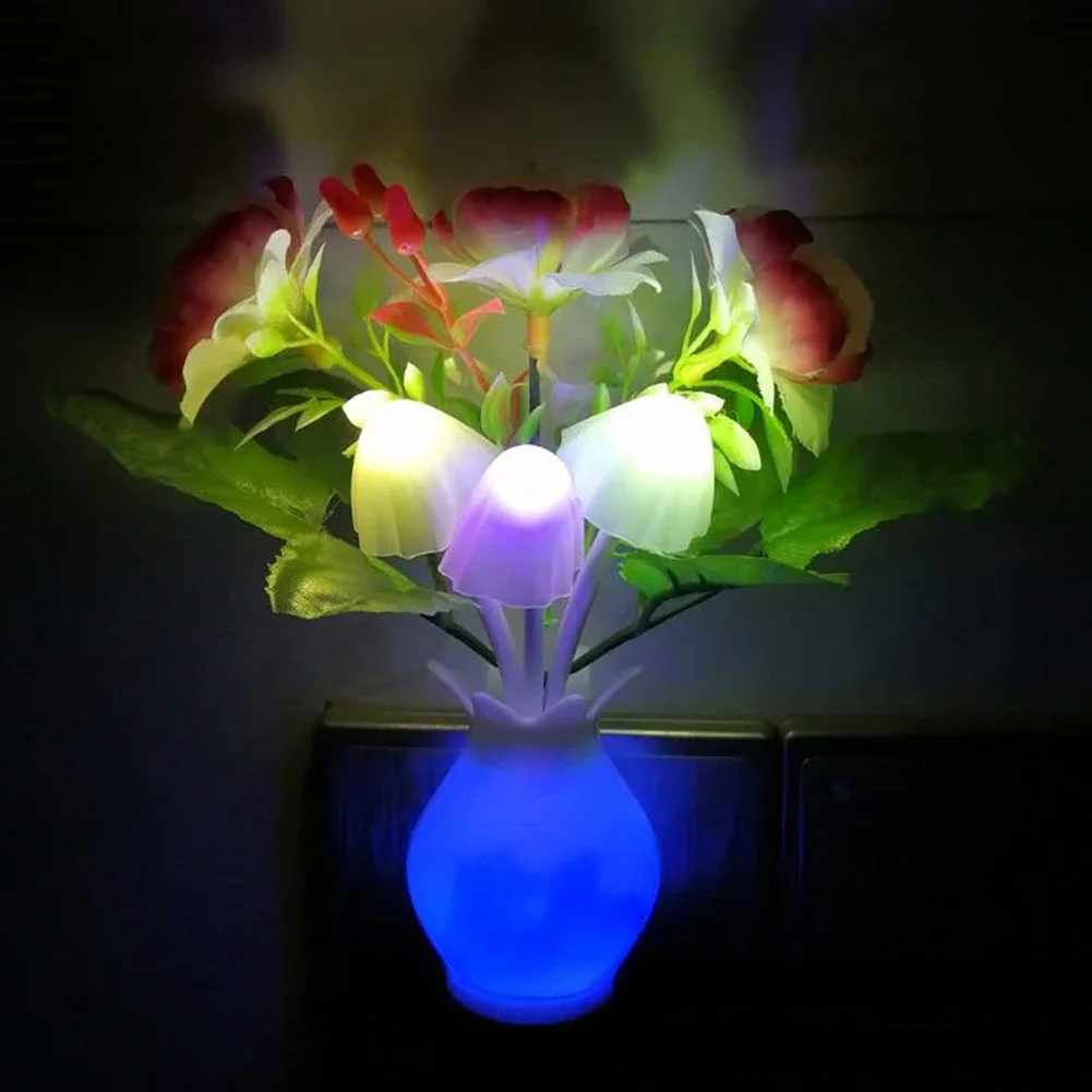 Novelty LED Night Light With Auto Sensor Energy Saving Rose Flower Mushroom Plug In Lamp For Bedroom Living Room Kitchen