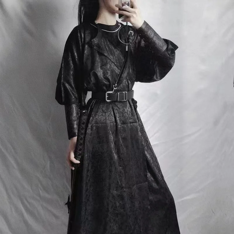 Tradicional Tang Dynasty Cosplay Traje para homens e mulheres, vestido Hanfu, roupão de gola redonda, antigo espadachim, preto, meninos, meninas, vintage