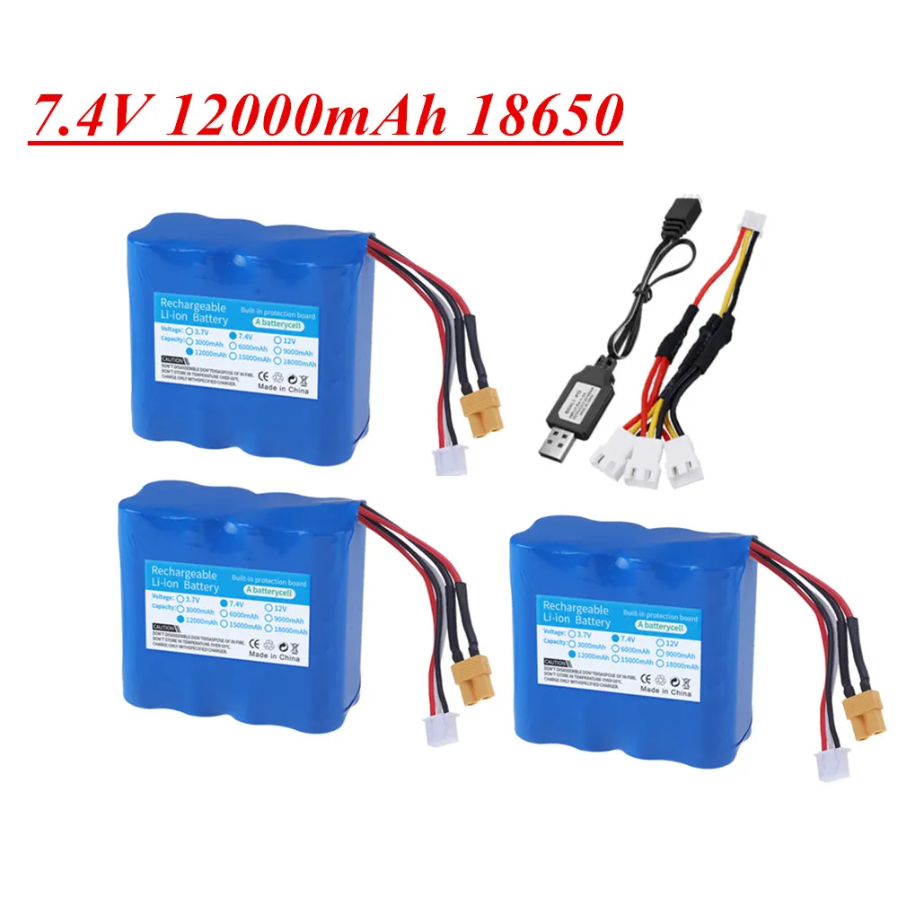 7.4V 12000mAh Li-ion rechargable battery XT30/USB charger for HUINA 1580 1583 580 550 582 1/14 RC Electric Construction Excavato