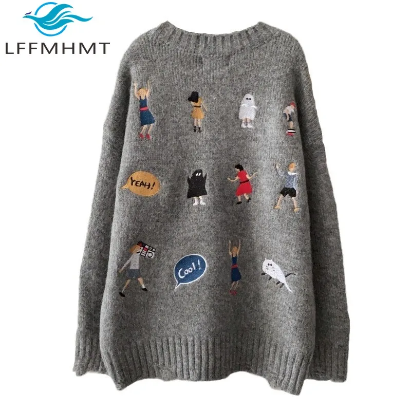 

America Style Women's Cartoon Embroidery Sweater Winter Fashion Long Sleeve Loose Casual Soft Cozy Knitting Pullover Tops Female