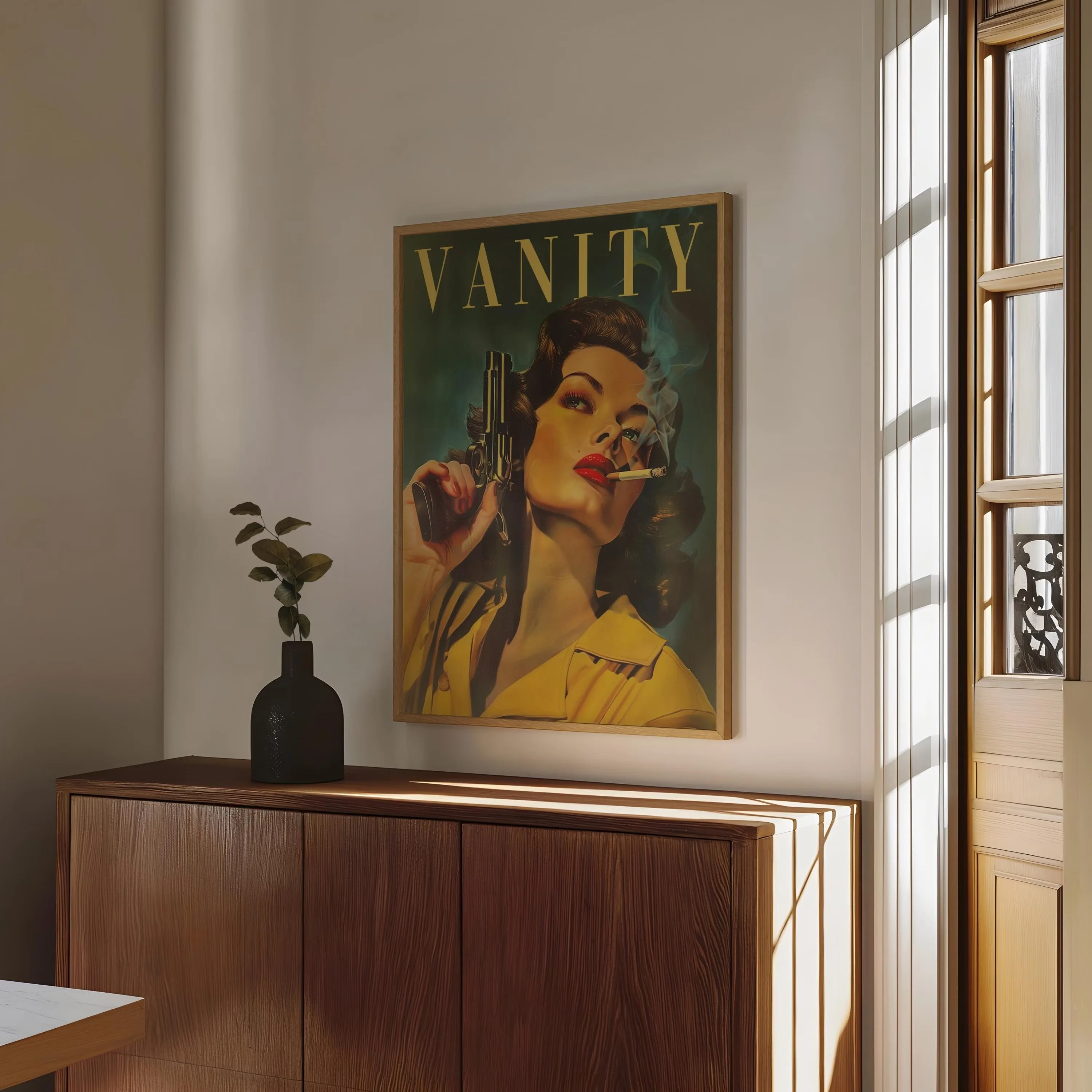 Vintage Woman With a Gun Poster Retro Woman Smoking a Cigarette Wall Art Badass Bestie Eclectic Wall Art Funny Retro Wall Decor