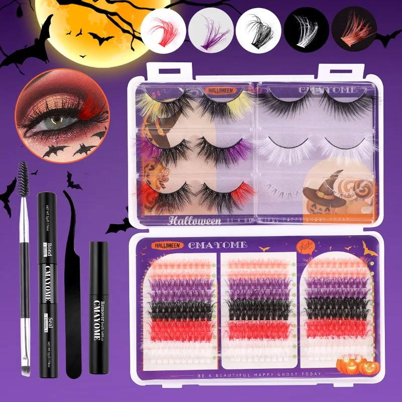 

5-Color Halloween Eyelash Extenstions Kit Curly and Dense Colour False Eyelashes Bond and Seal Remover Set Cosplay Makeup Set