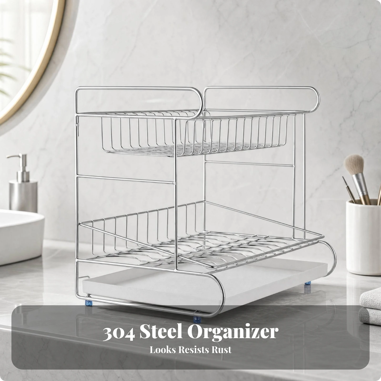 Stainless Steel Desktop Storage Rack Sleek Wire-Frame Countertop Organizer Cosmetic Organizer with Raised Rails