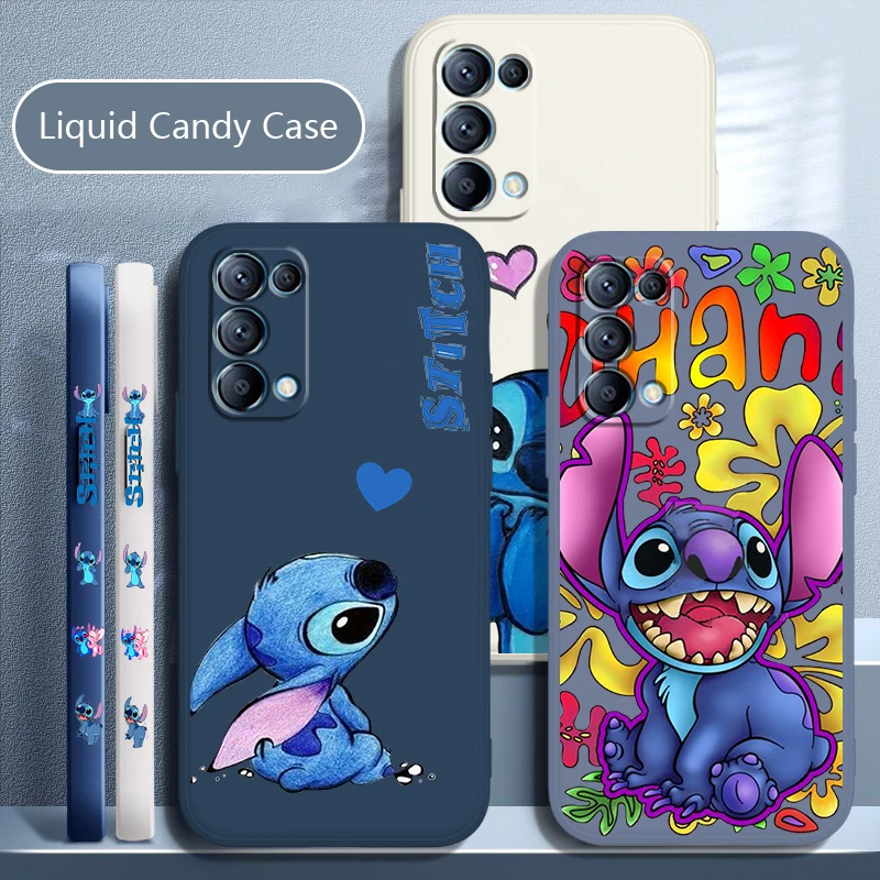 Baby Stitch Cartoon Phone Case For OPPO Find X5 X3 X2 neo Pro Lite A5 A9 2020 A53S 4G 5G Liquid Left Rope Candy Cover Coque Capa