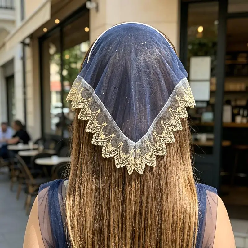 Französischer Spitzen-Dreieckstüll-Kopfschutz im ländlichen Stil, weiches Haarband, Haaraccessoire für Frauen – Detail 4
