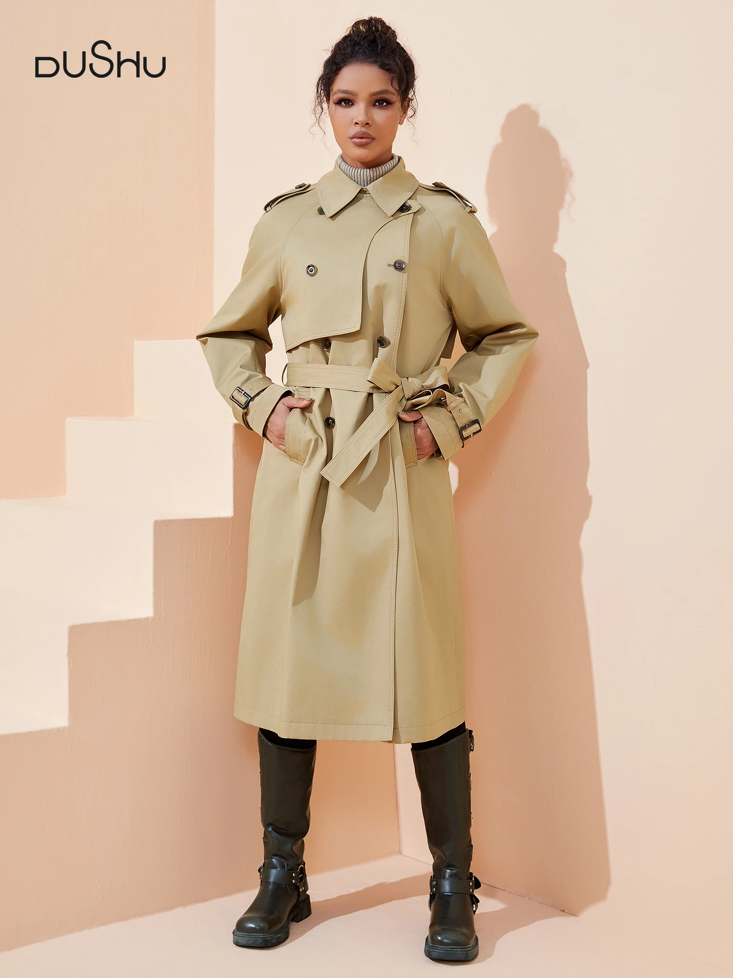 

DUSHU Women Trench Khaki Autumn Long Trench Coats Turn Down Collar Full Sleeve 100% Cotton Women Oversized Trench 24FS11325