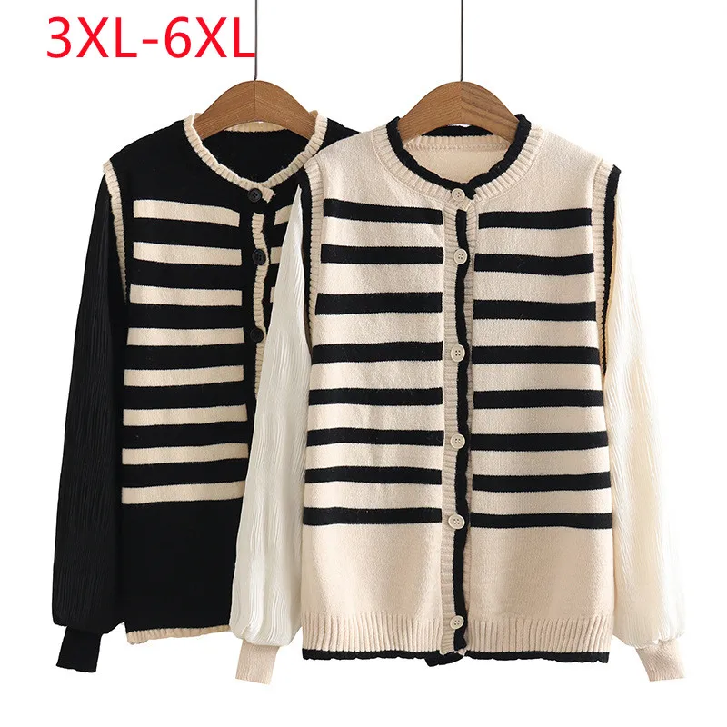 New 2023 Ladies Spring Autumn Plus Size Tops For Women Large Size Long Sleeve O-neck Stripe White T-shirt 3XL 4XL 5XL 6XL