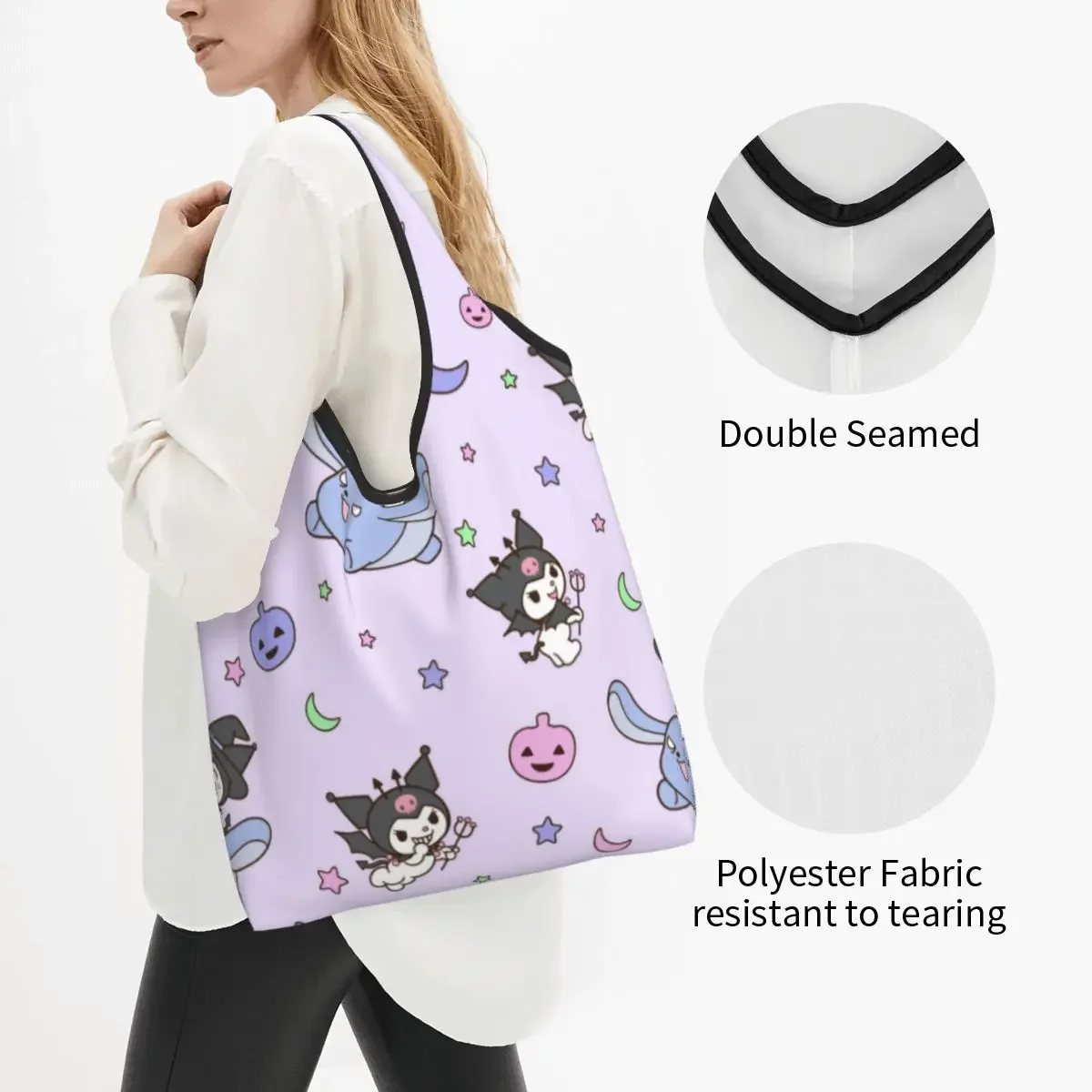 Reusable Kawaii Kuromi Sanrio Anime Grocery Bag Foldable Machine Washable Shopping Bags Large Eco Storage Bag Lightweight