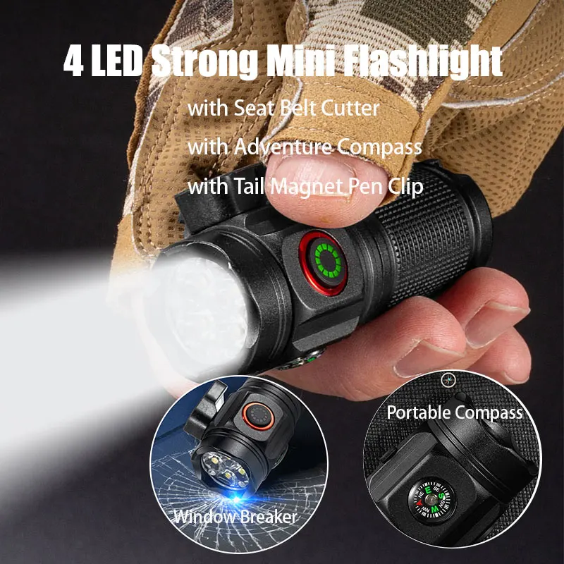 4*XHP LED Flashlight Mini Adventure Compass Torch 2000LM Portable Strong Lamp with Tail Magnet Pen Clip and Safety Belt Cutter