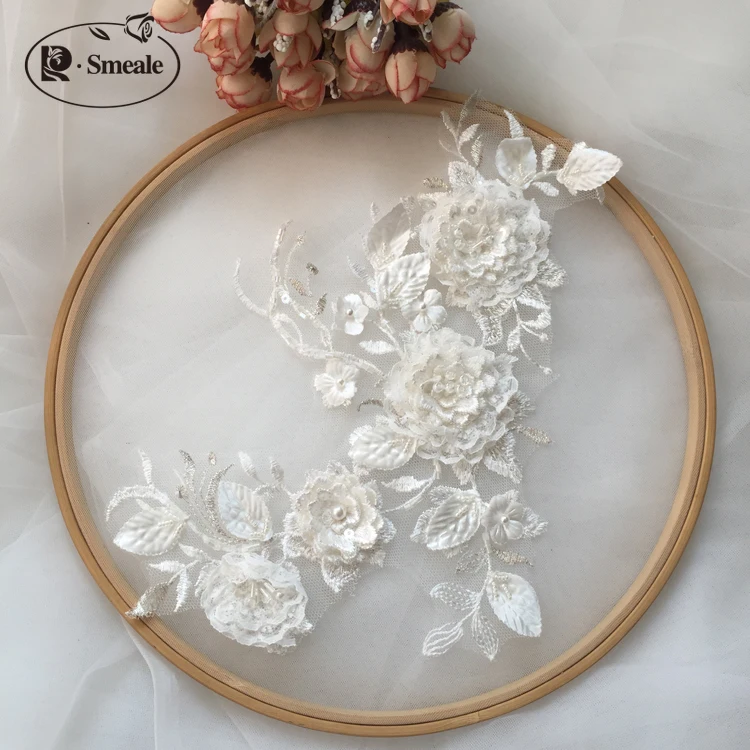 Handmade Beaded Lace Accessories for Wedding Dance Wear, 3D Flowers, Off-White Silver, DIY, RS2673