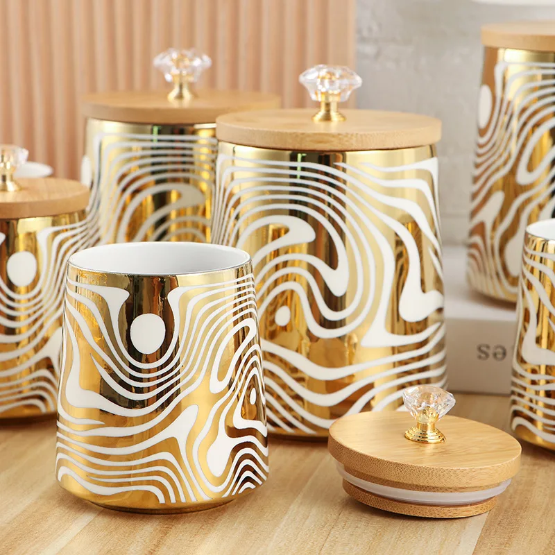 Ceramic Storage Jar with Wooden Lid, Food Storage Container, Metal Bracket Decoration, Kitchen Supplies, Seasoning Box Set