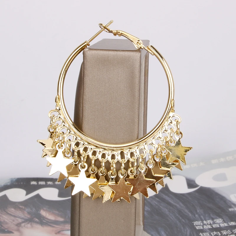 Fashion Circle Hoop Earrings with Tassel for Women Star Jewelry Gold Color Plated Party Female Gifts New E0263